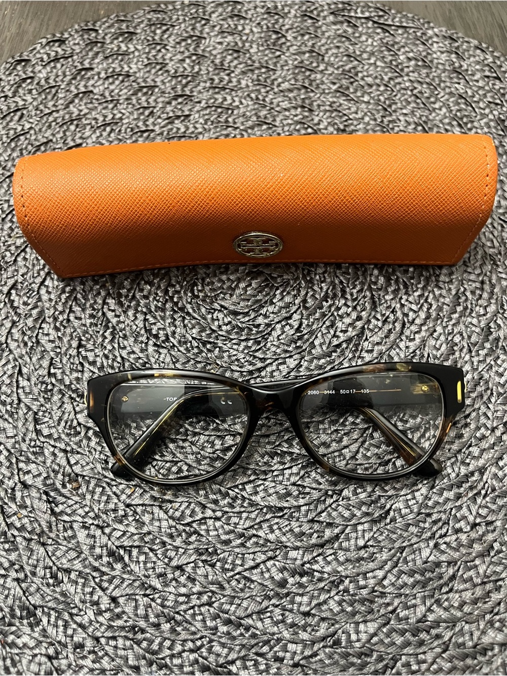 Tory Burch Black Tortoiseshell Cat-Eye Glasses with Orange Case